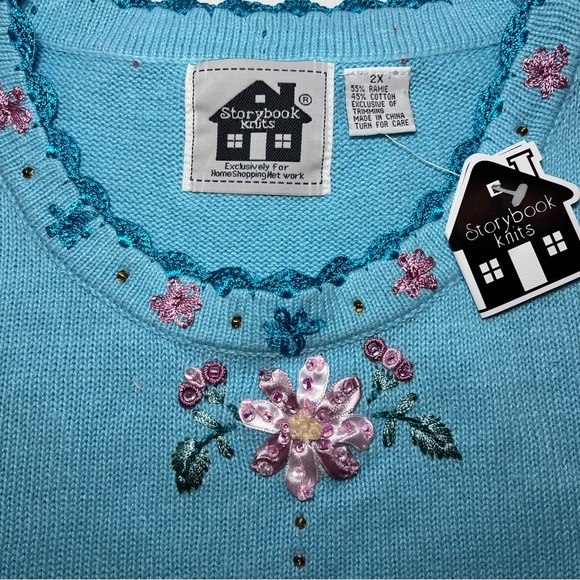 Storybook Knits Vintage Flower Sleeveless Sweater- Turquoise- Size 2X - Picture 6 of 10